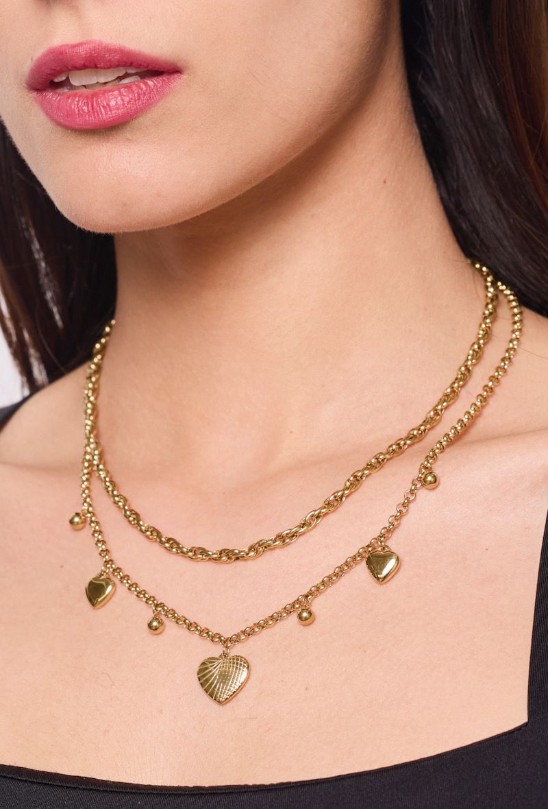 Collier doré multi-chaînes à pampilles cœur & perles – Élora