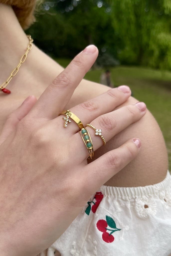 Bague Azur – Acier inoxydable doré & pierres naturelles bleu-vert