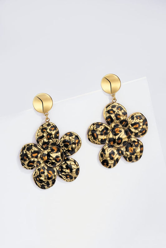 Boucles d’Oreilles Hermance – Fleur Dorée Léopard Acier Inoxydable